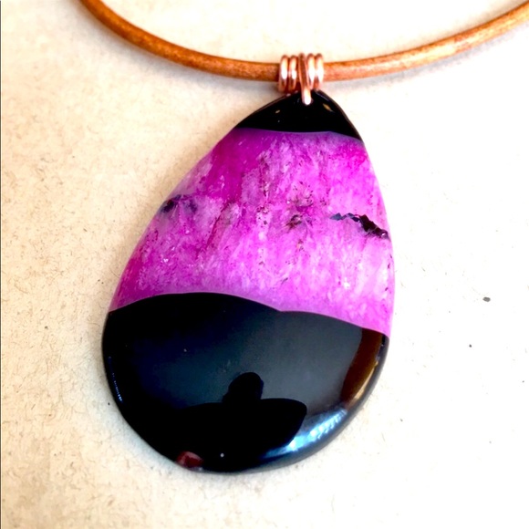 NEW Polished Agate Stone Pendant Copper Wire Wrap 16" Boho Choker Necklace - Picture 3 of 11
